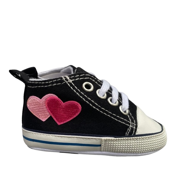 Size 1, Custom made Black Infant Shoes with Pink Embroidered Hearts - Picture 3 of 8